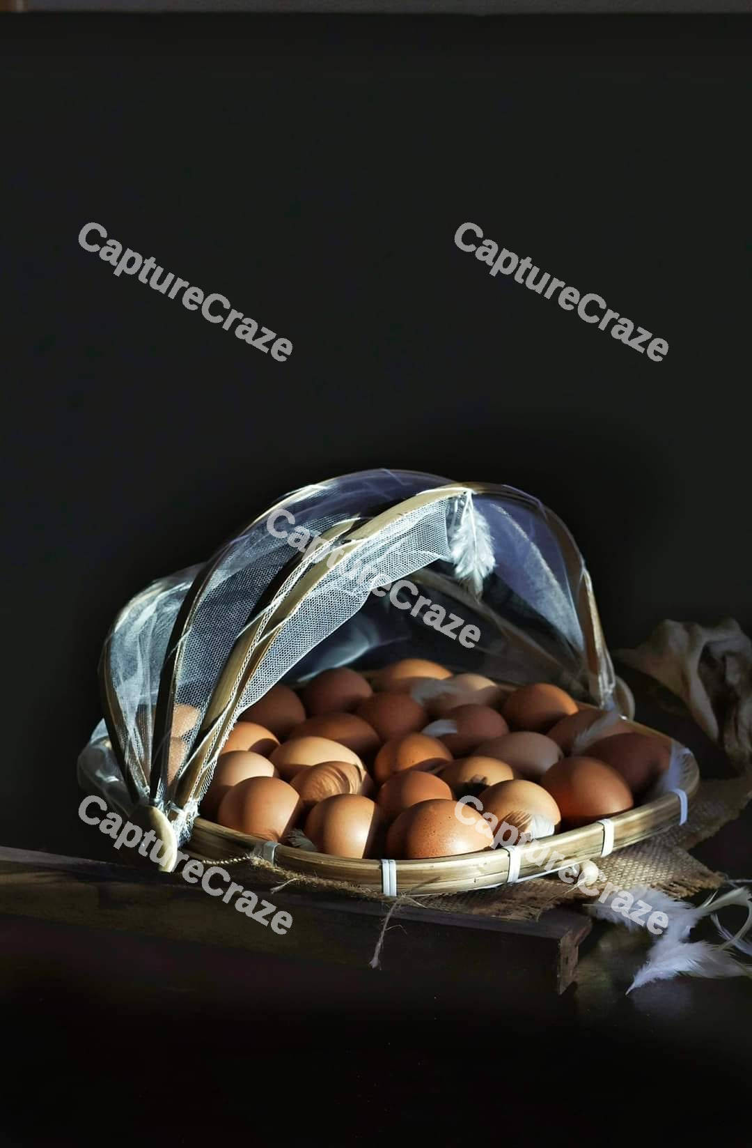 A table with a basket of eggs